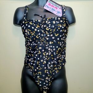 NWT Black One Piece Swimsuit Yellow White Floral Sunflowers Lace Up Bathing Suit